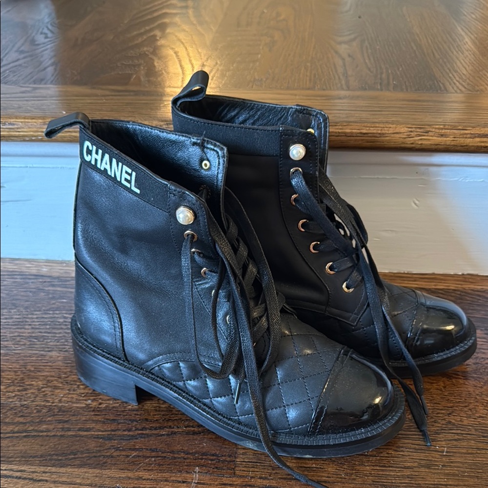 Black Quilted Lace-Up Ankle Boots